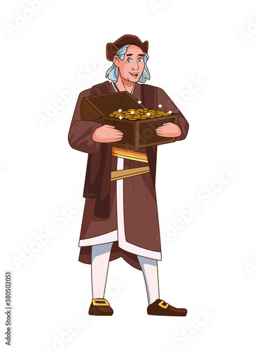 Christopher Columbus lifting treasure chest character