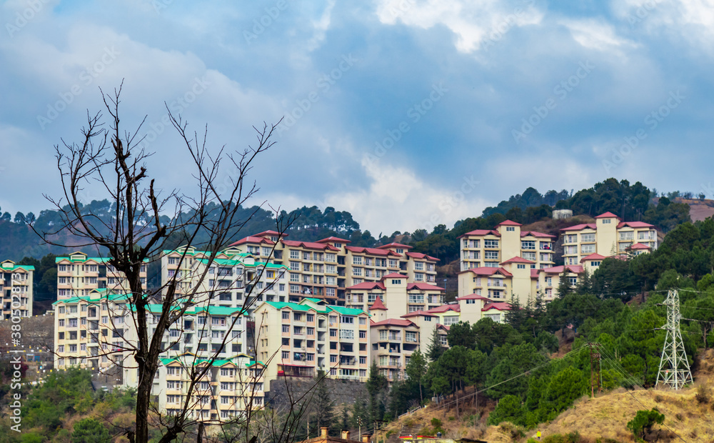 wide shot of buildings situated in mountain with dried tree in the foreground