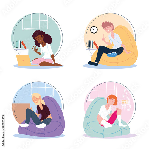icon set of people working from home, telecommuting