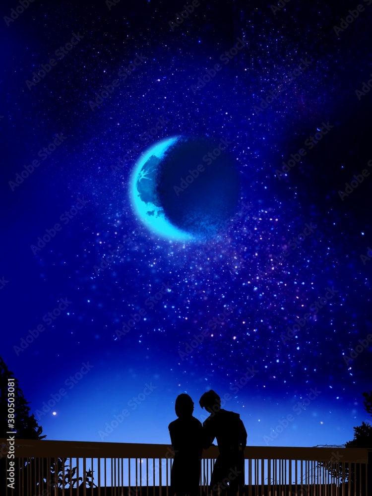 An illustration of lover’s back silhouette standing on the bridge in starry night sky	
