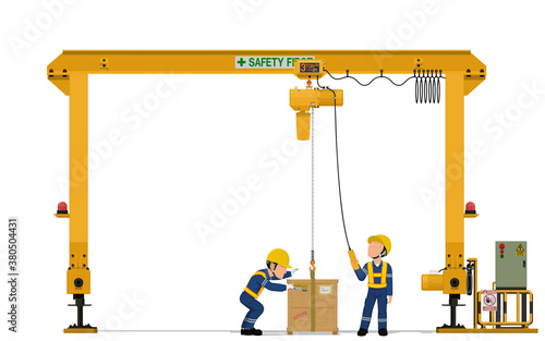 Two workers are operating gantry crane on white background photo