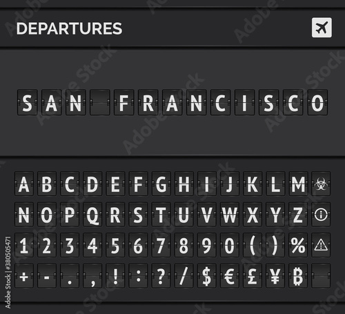 Compact vector banner with airport flip font and airplane icon showing departure to San Francisco in USA