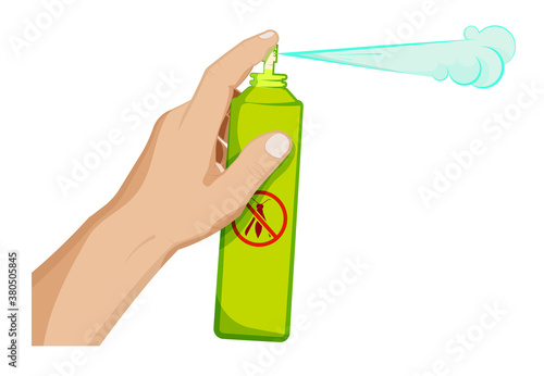man holds an insect spray in his hand, presses with his index finger and sprayes an aerosol. Fight against parasites, sanitary treatment of premises. Cartoon vector on white background