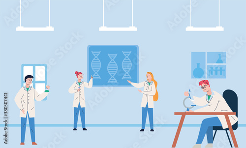 group of scientifics with microscope research vaccine in laboratory