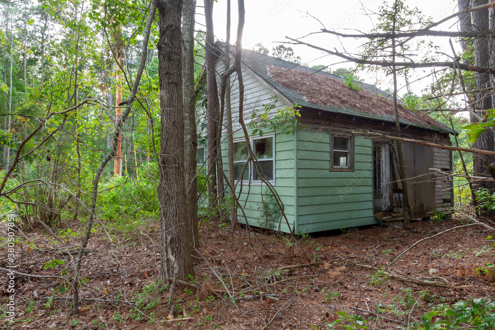 An abandoned very old house in the middle of woods . The one story building is poorly maintained with wooden frame rotting windows and doors broken and fallen pine needles covering the roof.