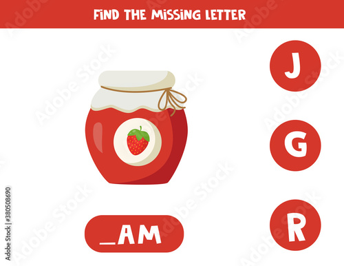Find missing letter with cartoon jar of strawberry jam.