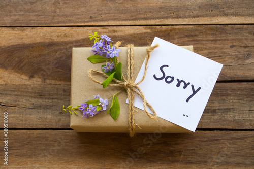 i am sorry message card handwriting with gift box ,flowers arrangement flat lay postcard style on background wooden