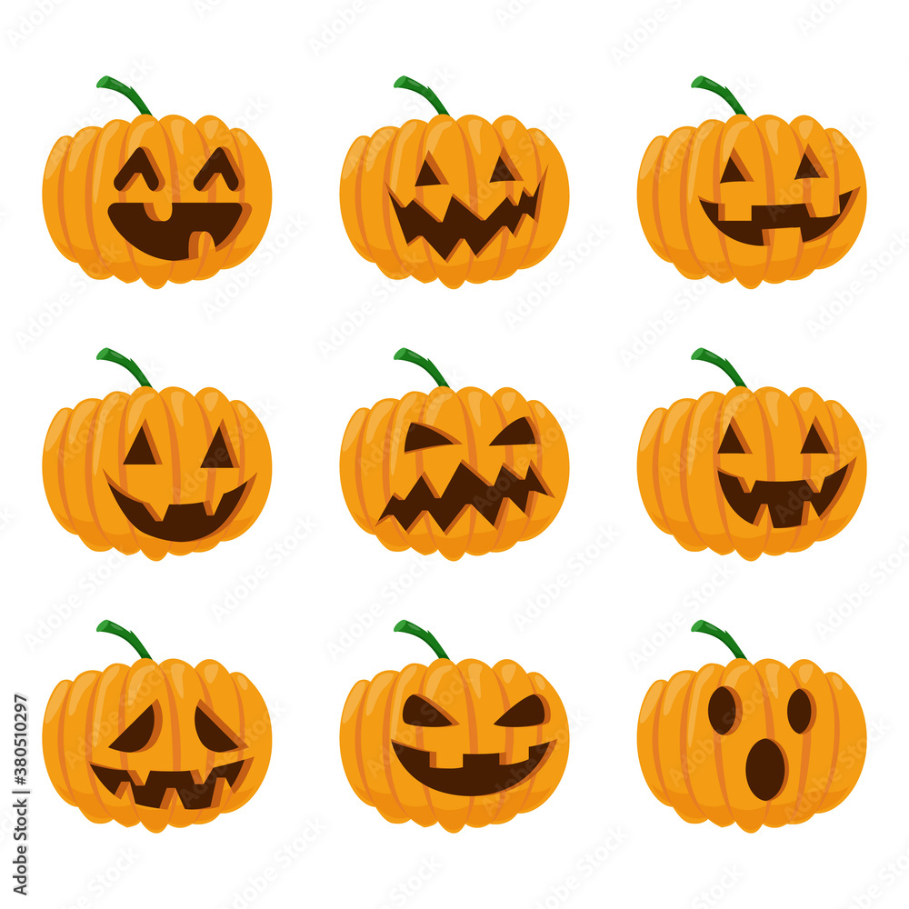 set of halloween pumpkins with different expressions, vector illustration on white background set of halloween pumpkins with different expressions, vector illustration on white background