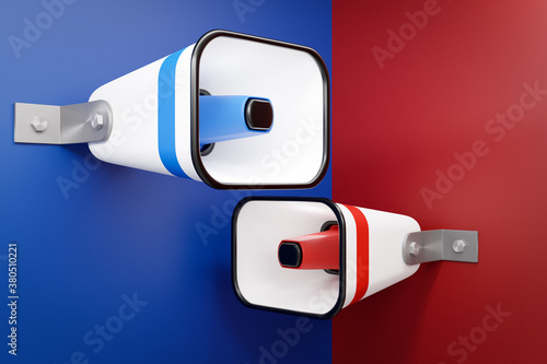 group red and blue  cartoon loudspeakers on a red monochrome background. 3d illustration of a megaphone. Advertising symbol, promotion concept. photo