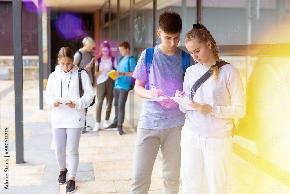 Focused teen boy talking to girl classmate outdoors in college campus, discussing schoolwork.