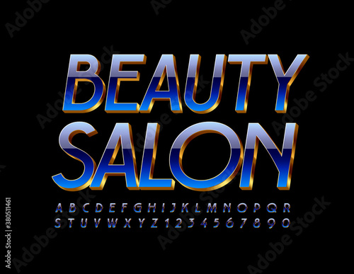 Vector chic emblem Beauty Salon. Blue and Gold shiny Font. Elegant Alphabet Letters and Numbers set