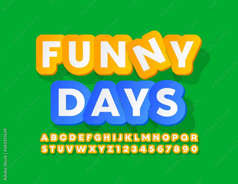 Vector holiday poster Funny Days. Yellow sticker Font. Creative modern Alphabet Letters and Numbers set