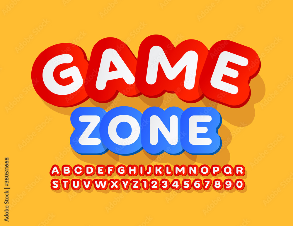 Vector bright logo Game Zone. Red creative Font. Bright sticker style Alphabet Letters and Numbers set