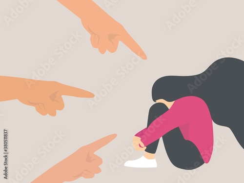 Bullying, Pointing finger, Hate, Sad female character hugging their knees, Aggression