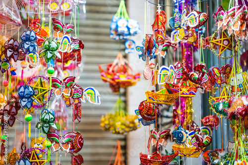 Decorated colorful lanterns hanging on a stand in the streets of Cholon in Ho Chi Minh City (Saigon), Vietnam during Mid Autumn Festival of Lunar Calendar.