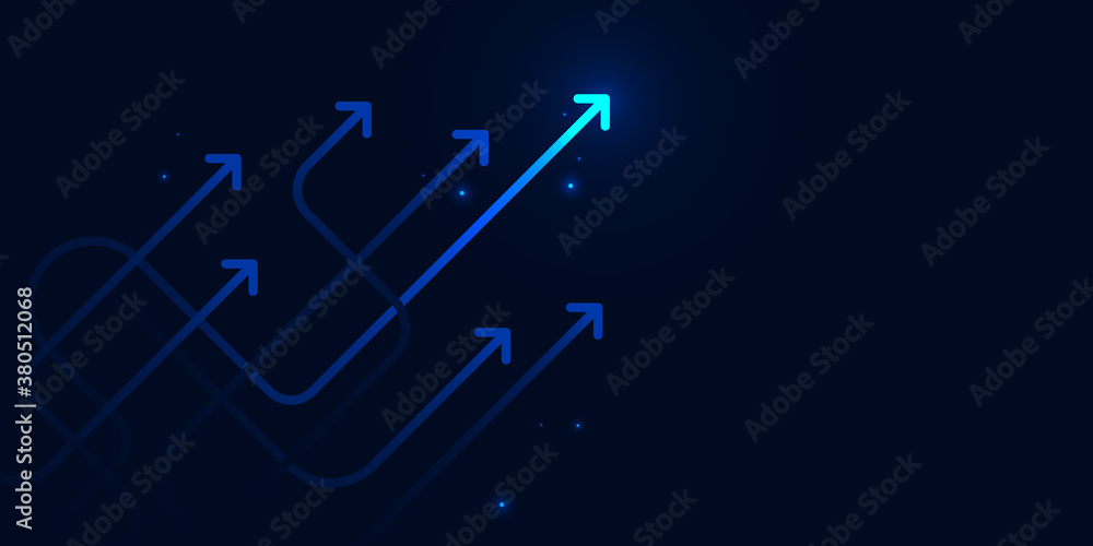 Glow up devious arrows on dark blue background with copy space business growth concept Glow up devious arrows on dark blue background with copy space business growth concept