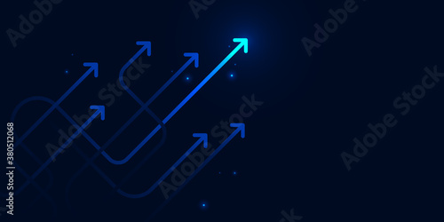 Glow up devious arrows on dark blue background with copy space business growth concept