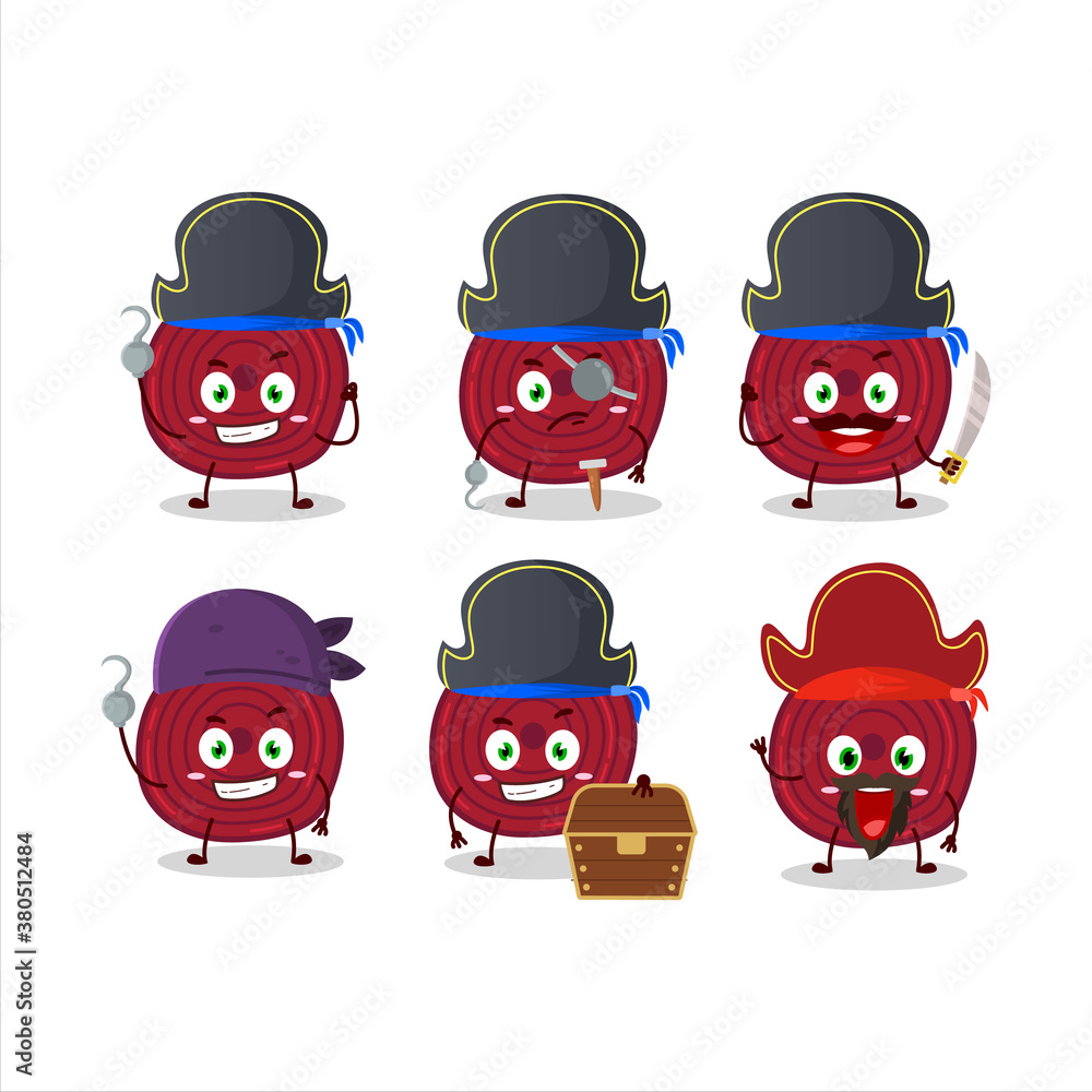 Cartoon character of slice of beet root with various pirates emoticons Cartoon character of slice of beet root with various pirates emoticons
