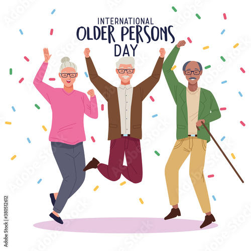 international older persons day lettering with old people jumping celebrating and confetti