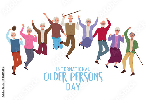 international older persons day lettering with old people jumping celebrating