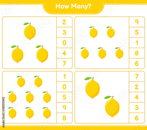 Counting game, how many Lemon. Educational children game, printable worksheet, vector illustration