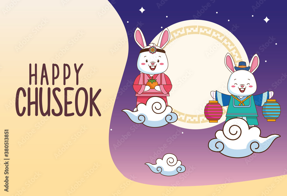 Fototapeta premium happy chuseok celebration with rabbits couple floating in clouds