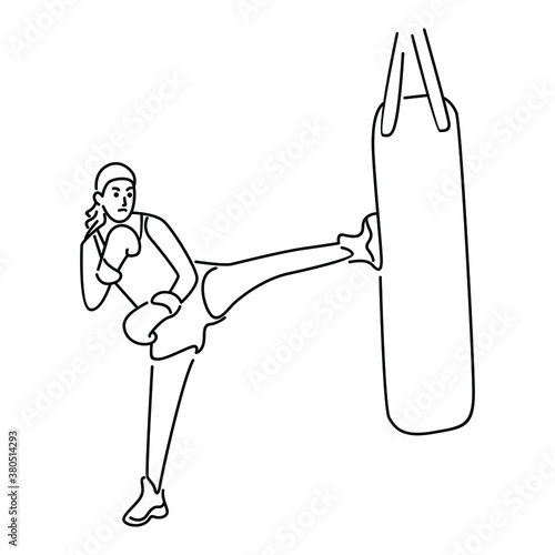 Sport woman exercise Muay Thai training with kneeling boxing sandbag