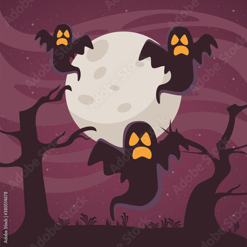 halloween ghosts floating at night scene