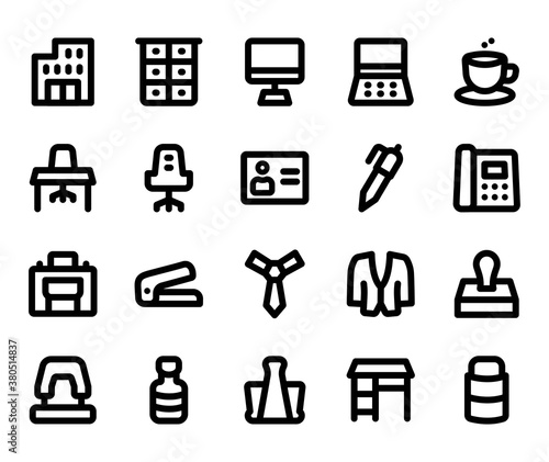 Office Supplies Line Icon Set . Office, Computer, Desk, Laptop, Workplace Icon - Vector Illustration .