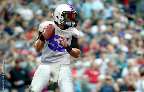 American football quarterback  getting ready to throw a ball with spectator in background