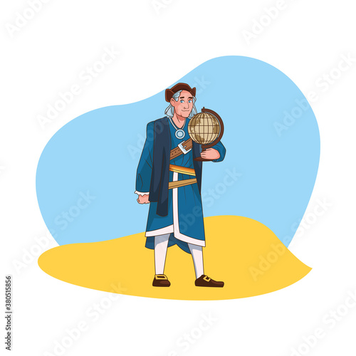 Christopher Columbus with world maps character