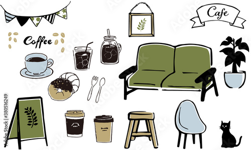 cafeの家具雑貨のイメージイラスト Illustration set of furniture and miscellaneous goods in the cafe