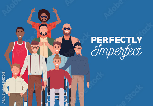 perfectly imperfect people group characters in blue background