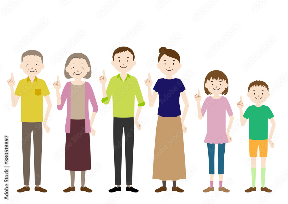 Illustration of a three generation family (grandfather, grandmother, father, mother, girl, boy set) Pointing pose Illustration of a three generation family (grandfather, grandmother, father, mother, girl, boy set) Pointing pose
