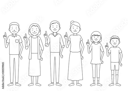 Illustration of a three generation family (grandfather, grandmother, father, mother, girl, boy set) Pointing pose