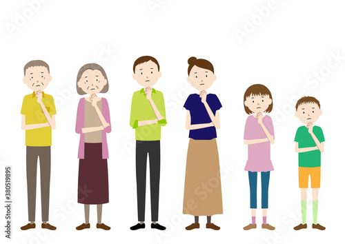 Illustration of a three generation family  grandfather  grandmother  father  mother  girl  boy set  Pose to bend the neck