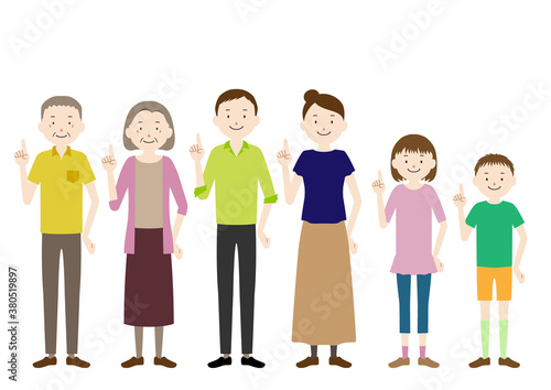 Illustration of a three generation family (grandfather, grandmother, father, mother, girl, boy set) Pointing pose