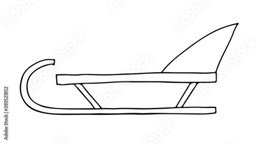 Sleigh.  Side view.  Children's winter car.  Vector close-up illustration in doodle style.