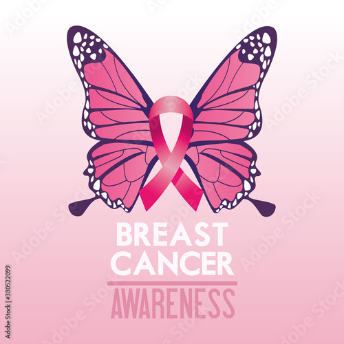 breast cancer awareness month campaign poster with ribbon pink and butterfly
