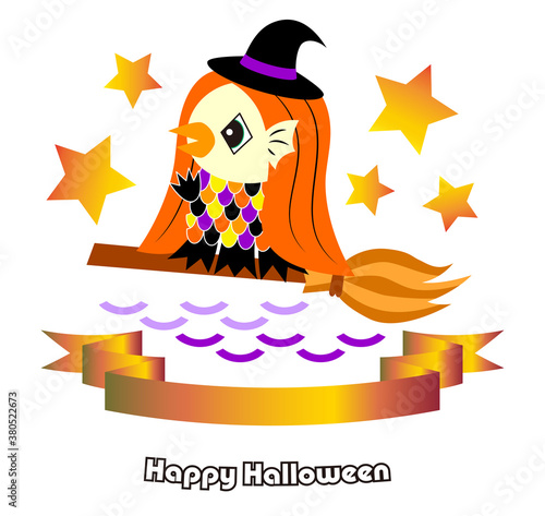 ハロウィン素材 魔女の仮装をしているアマビエ(日本の妖怪) イラスト ベクター