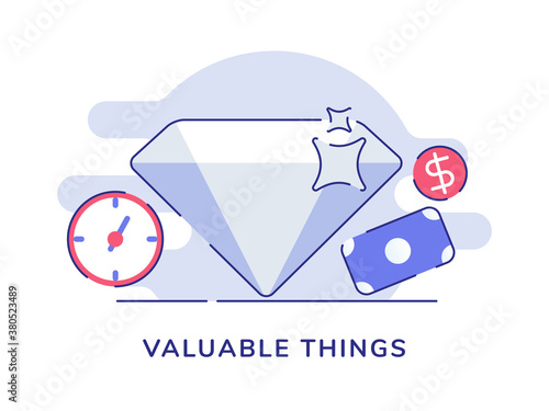 Valuable things shiny diamond background of clock money dollar with flat outline style