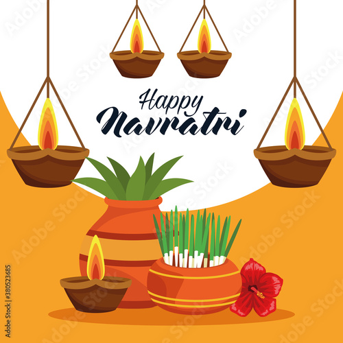 happy navratri celebration card with houseplants and candles