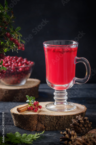 Hot lingonberry tea with cinnamon with copy space, rustic background