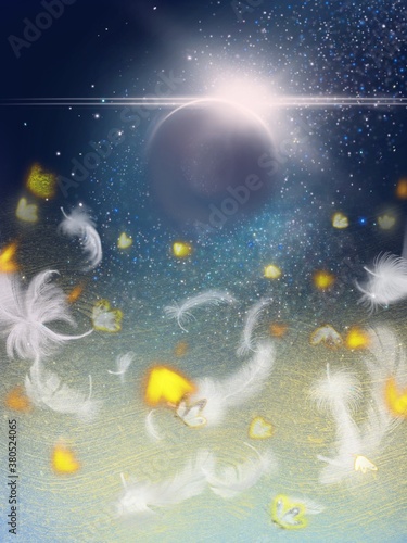 Flying orange butterfly and transparent feathers in starry space 