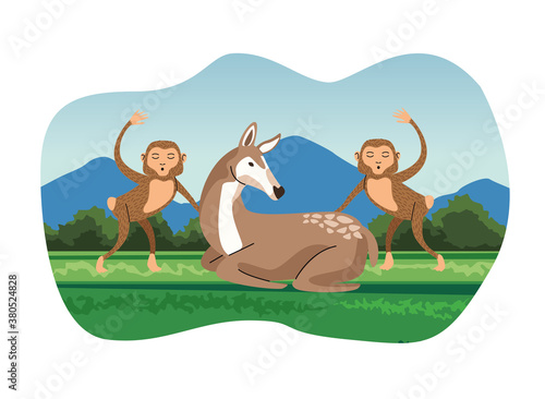 wild fawn and monkeys in the camp scene