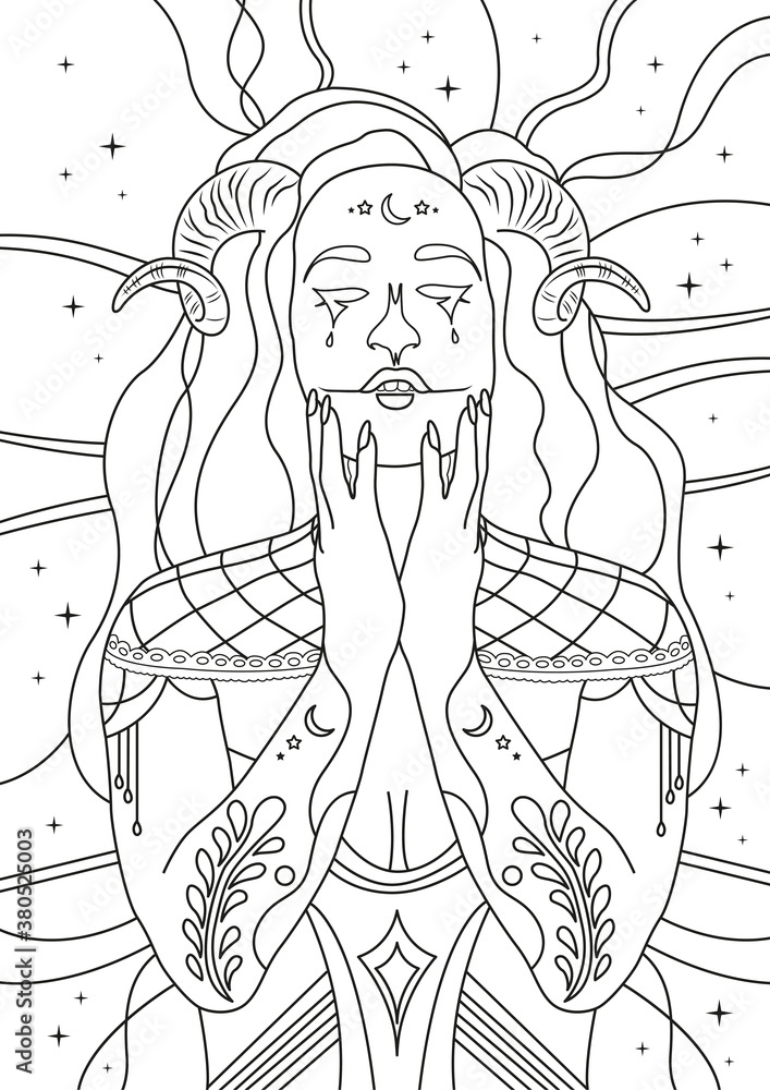 Demonic girl with ram horns coloring page