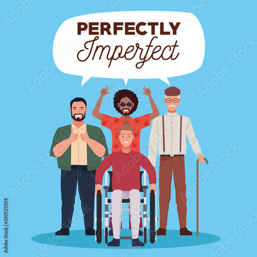 perfectly imperfect people group characters with lettering in speech bubble
