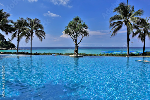 Fototapeta Naklejka Na Ścianę i Meble -  Pool with blue water. A turquoise calm sea in the distance. Palm trees against the azure sky. Endless summer in Thailand. Phuket.