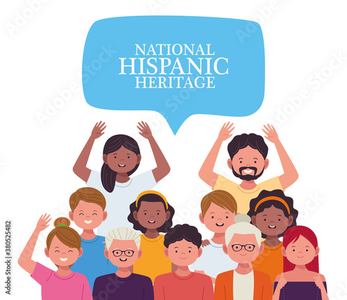 national hispanic heritage celebration with people and lettering in speech bubble