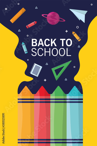 back to school lettering season with crayons and supplies flow